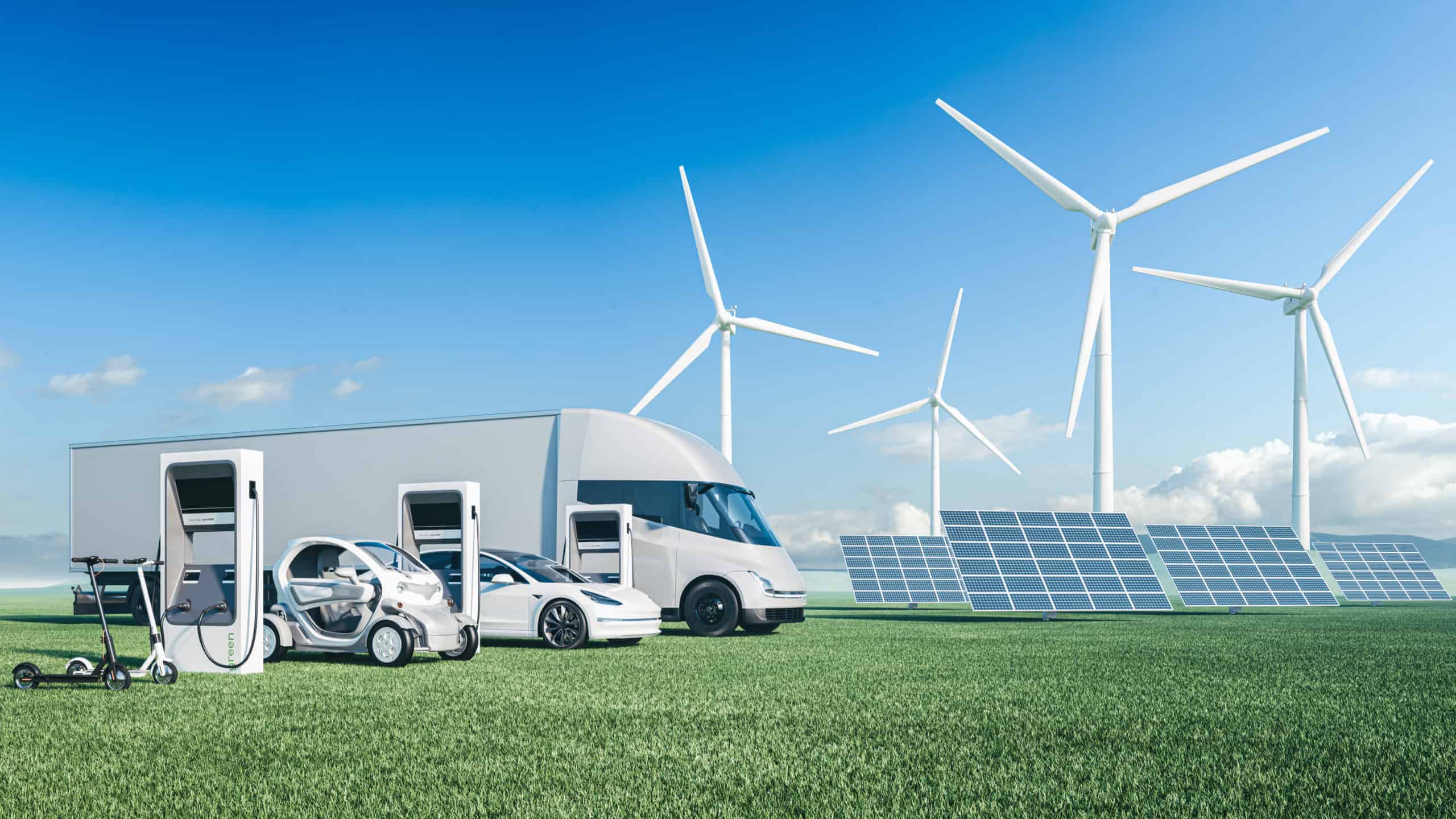 Electric cars on the background of wind turbines. Alternative en Electric cars on the background of wind turbines. Alternative en